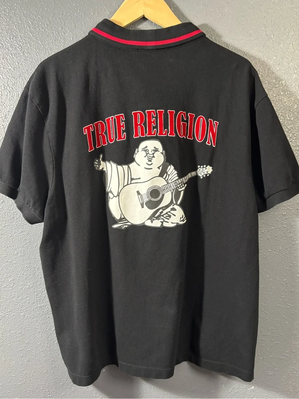 True Religion Black Polo with Red Trim and White Graphic Back